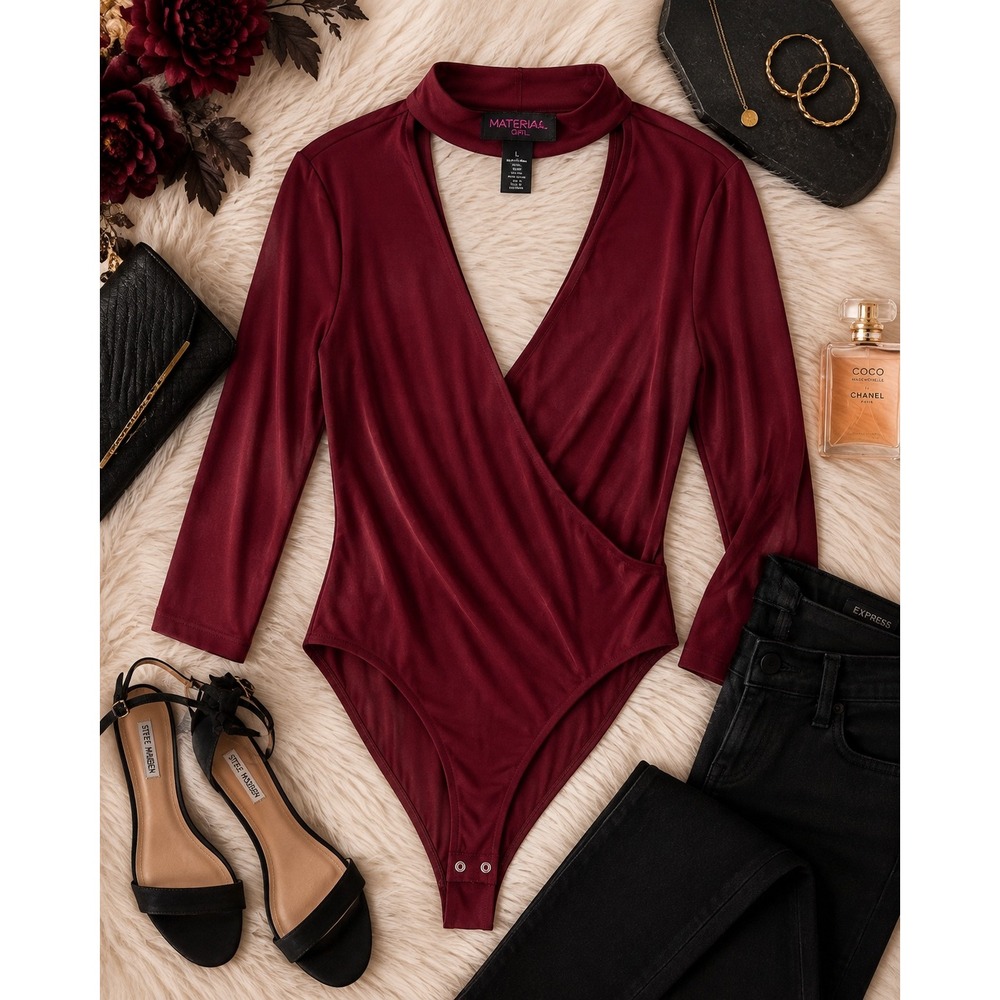 Material Girl Bodysuit Choker Neck Cutout Surplice deep V Large Burgundy Sexy